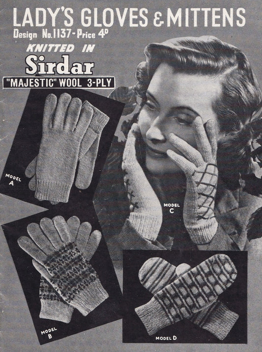 1940s knitting pattern for women's gloves and mittens in 3 ply yarn