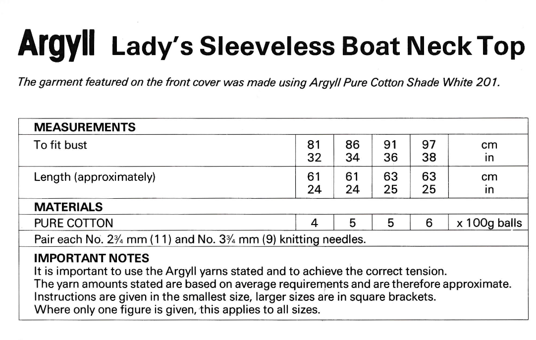 Argyll 336 Vintage Knitting Pattern - Ladies Boat Neck Summer Top