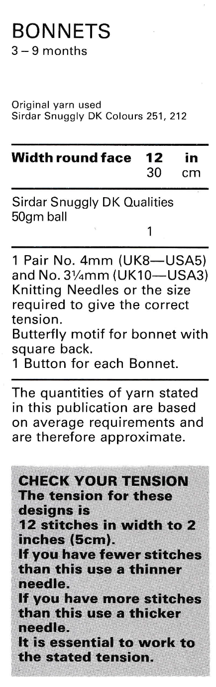 Baby Bonnets Vintage Knitting Pattern size 3-9m