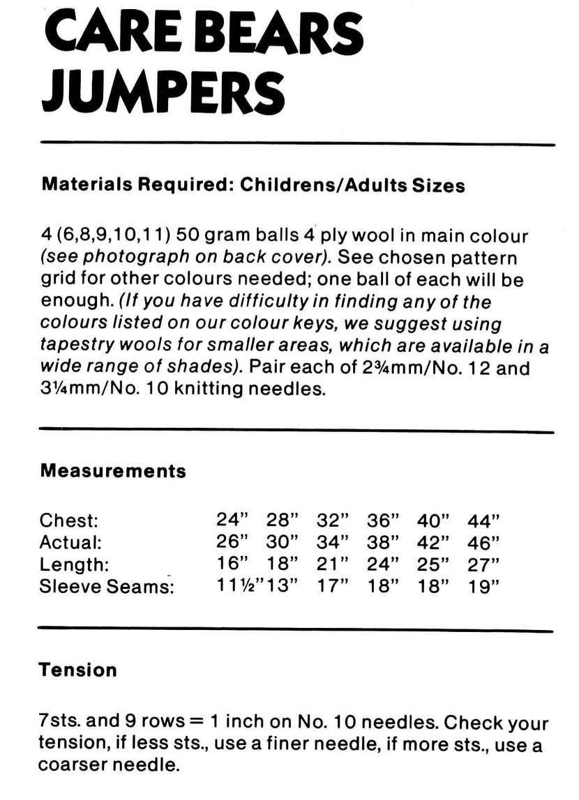 Care Bears Intarsia Picture Sweaters Knitting Pattern