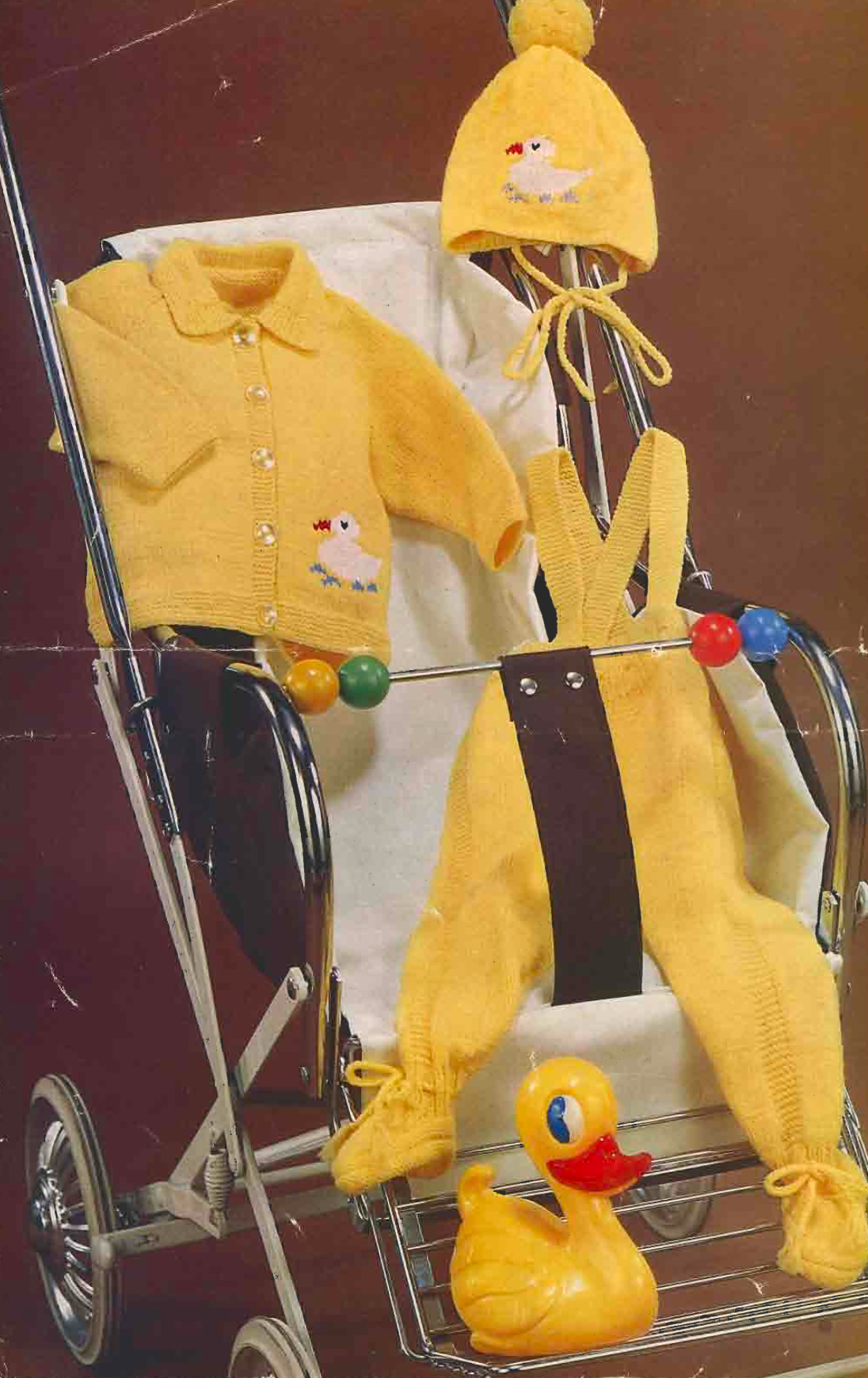 4 Ply Baby Cardigan and Dungarees Set with Duck Motif