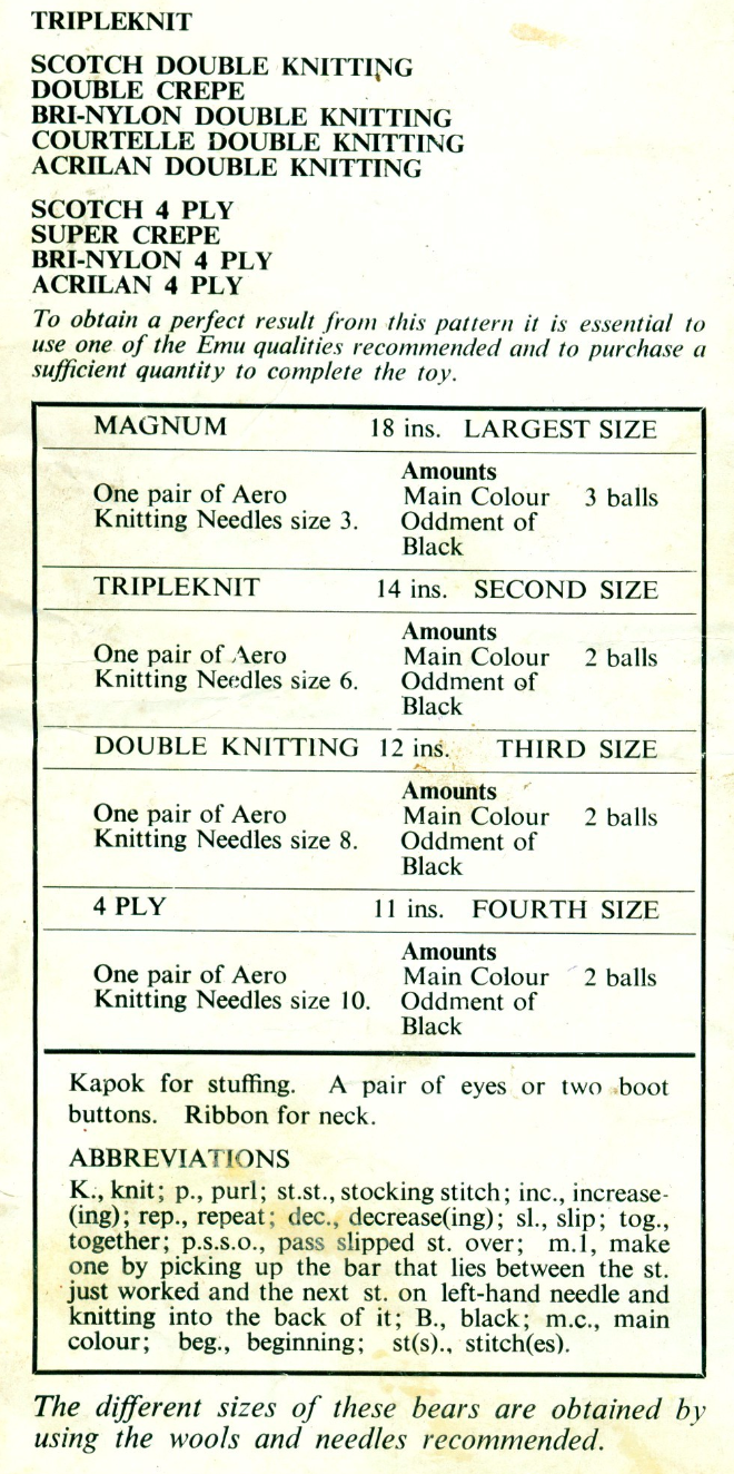 Vintage Teddy Bear Knitting Pattern