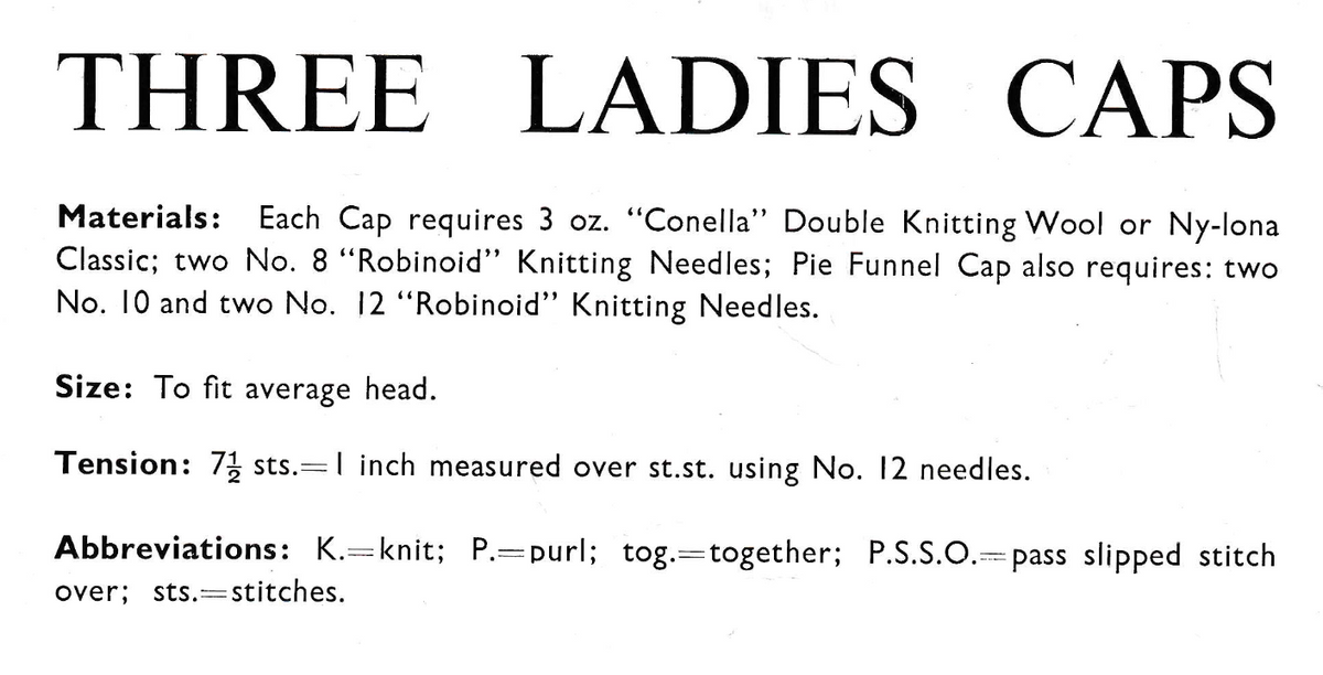 Vintage Knitting Pattern for Ladies Caps