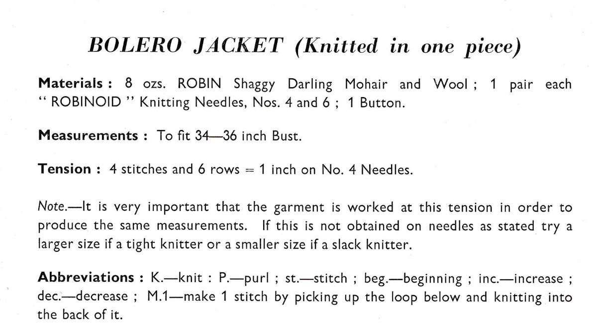 Ladies Mohair Bolero Jacket Knitting Pattern PDF – Knitted in One Piece, 34 to 36 Inch Bust