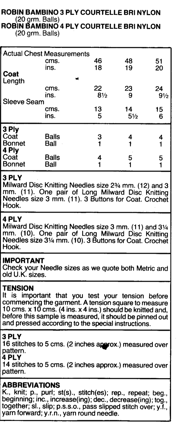 Baby Matinee Coat and Bonnet Knitting Pattern PDF – 3 or 4 Ply, 18 to 20 Inch Chest