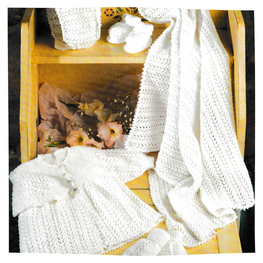 Baby Matinee Coat, Bonnet, Mittens, Shoes and Blanket Knitting Pattern PDF – 4 Ply