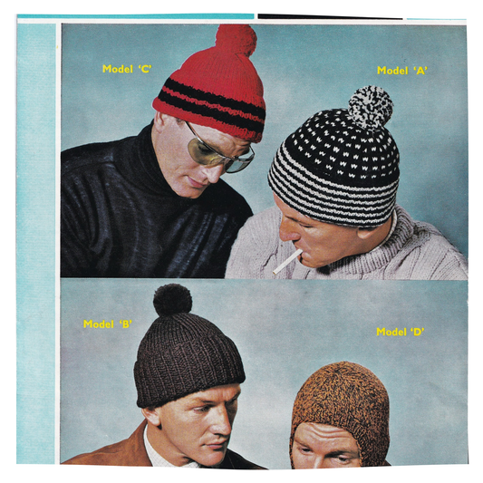 Vintage Knitting Pattern for Men's Caps and Helmet Hat Set