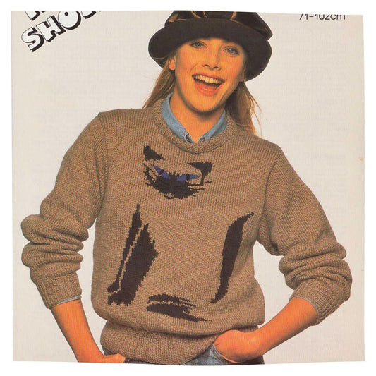 Siamese Cat Intarsia Sweater Vintage Knitting Pattern for Adults
