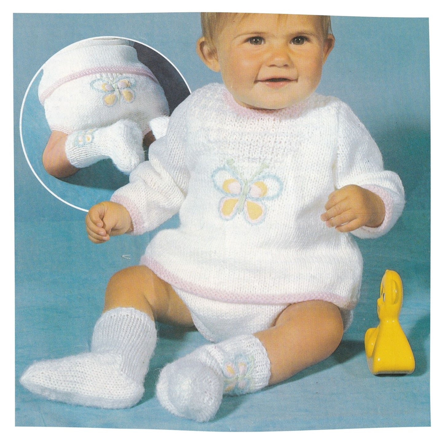 Baby angel top socks and pants set knitting pattern with butterfly embroidery