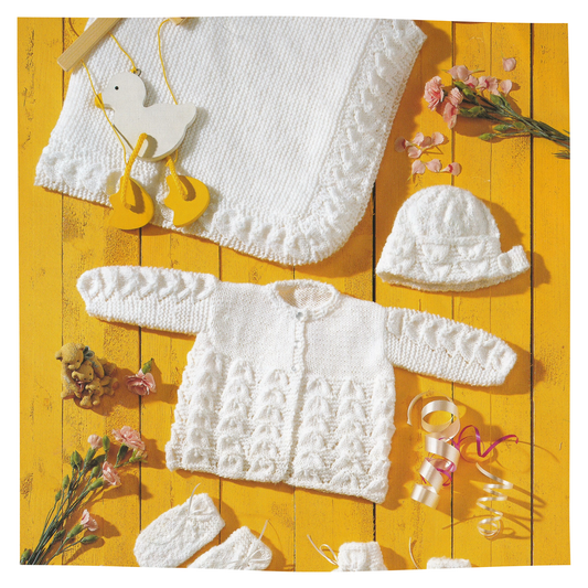 Baby layette set with blanket, matinee cardigan, bonnet, mittens and booties