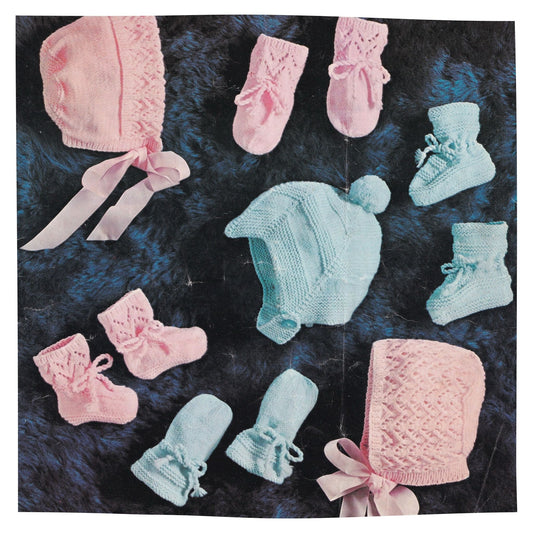 3 ply baby booties, bonnets, helmet and mittens
