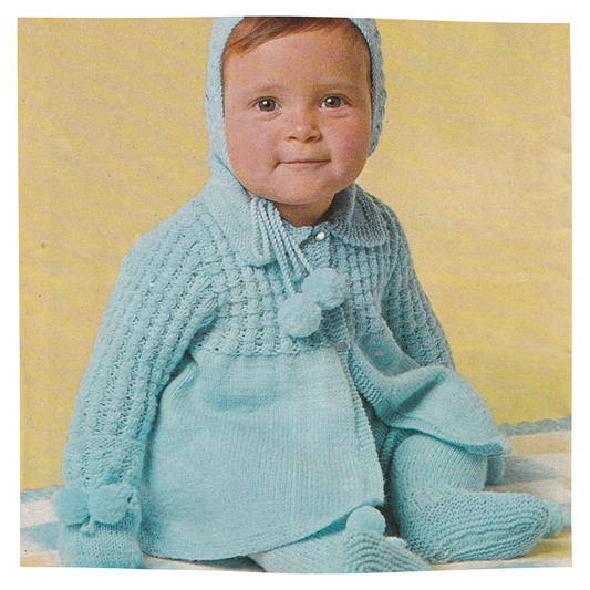 Baby Pram Set with Pompom Bonnet Vintage Knitting Pattern