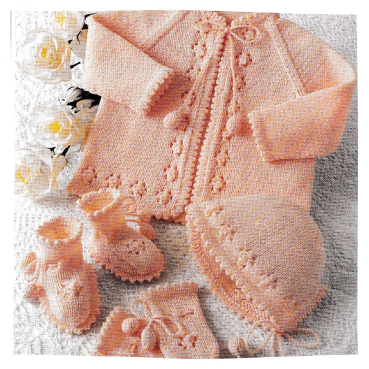 4 Ply Baby Matinee Coat Bonnet and Booties Pram Set Knitting Pattern