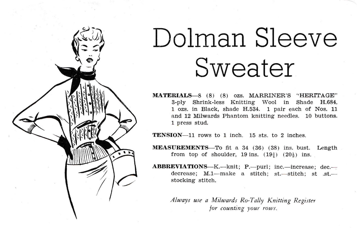 Marriner 222 3 Ply Ladies Dolman Sweater Cardigan Vintage Knitting Pattern