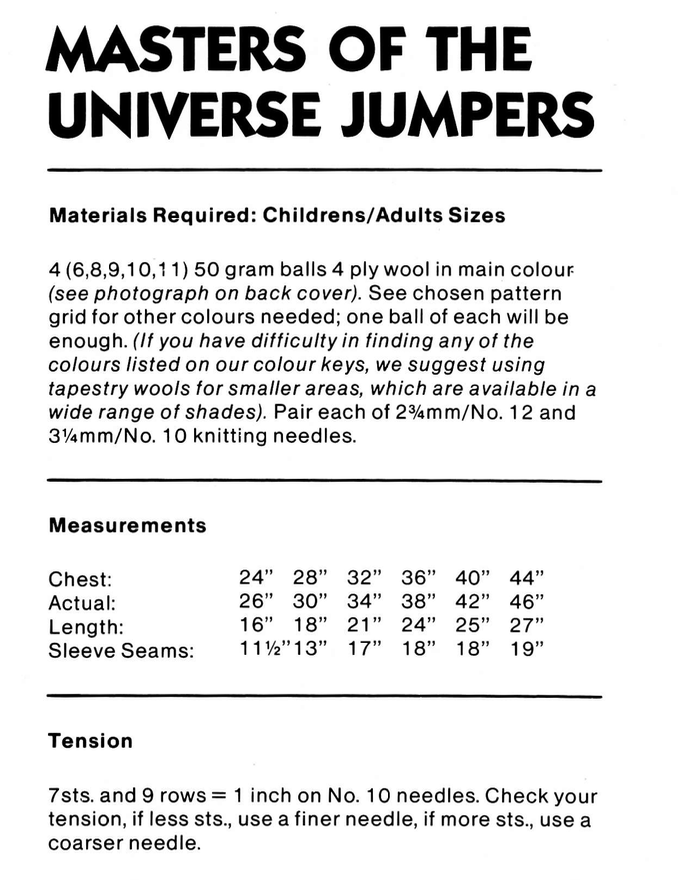 He Man Masters of the Universe Intarsia Sweaters Knitting Pattern