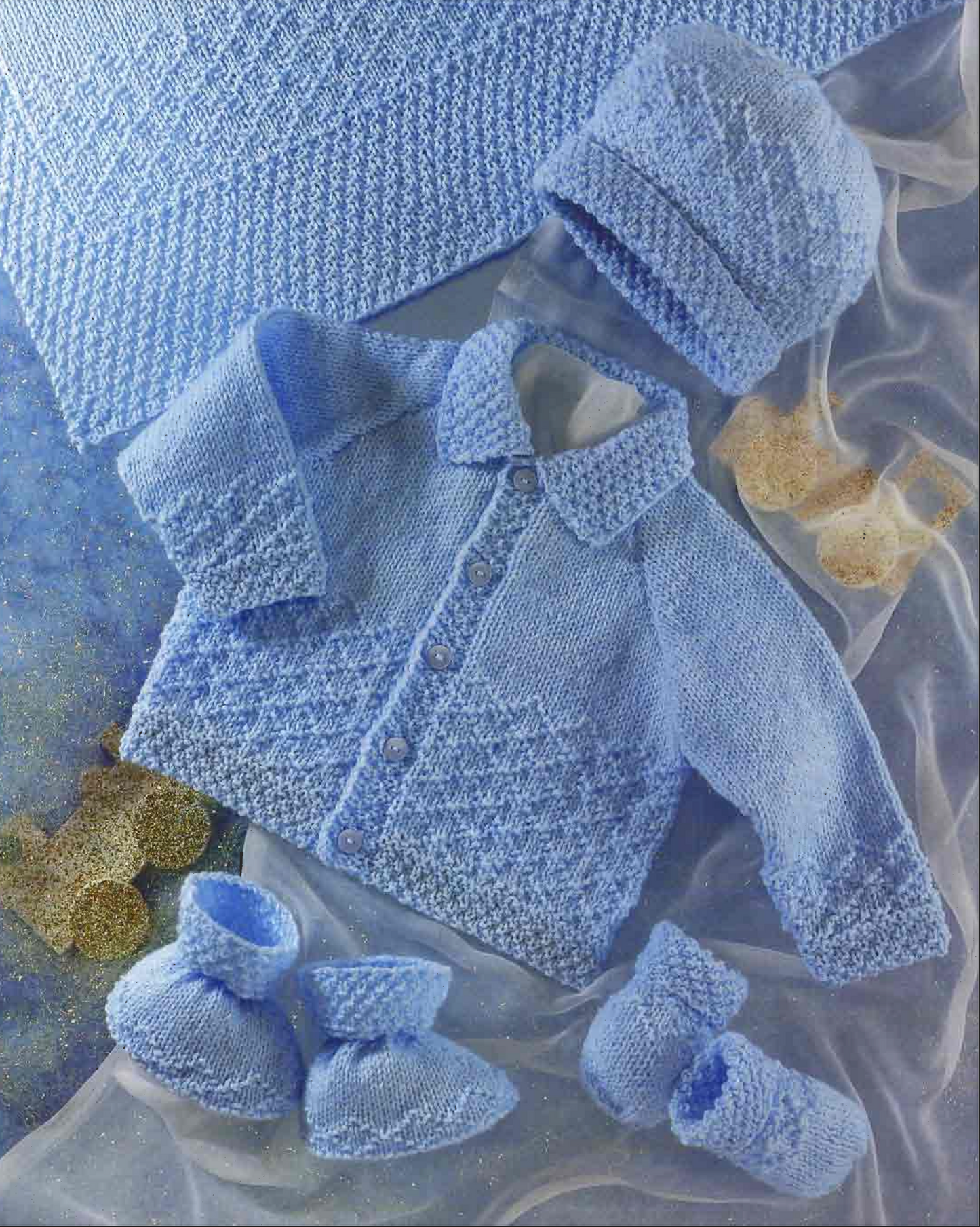 Baby cardigan set with blanket booties and hat for boy