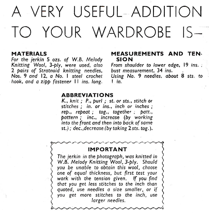 1940s knitting pattern for women's 3 ply jerkin cardigan