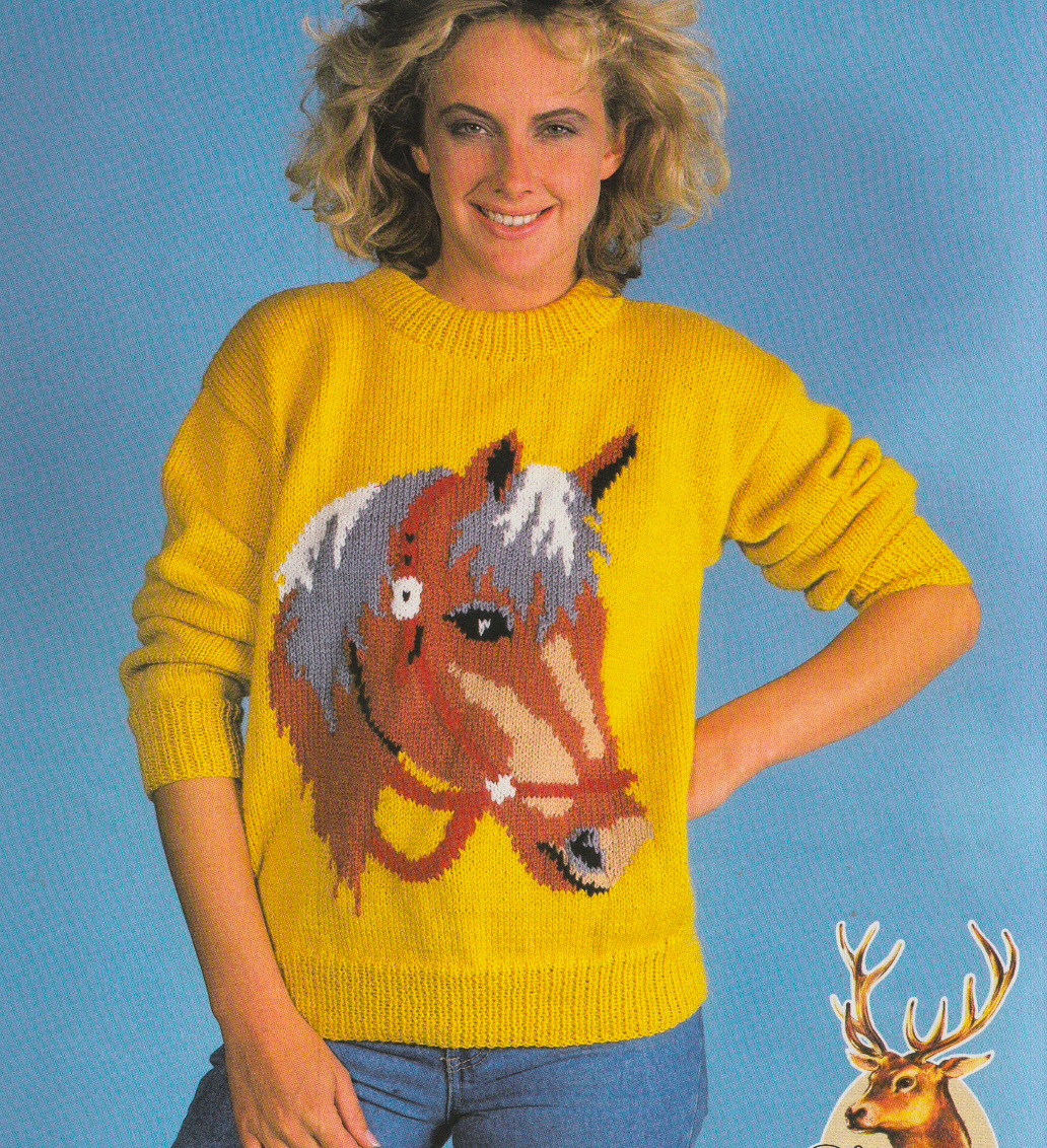 Horse Picture Intarsia Sweater Vintage Knitting Pattern for Adults and Children