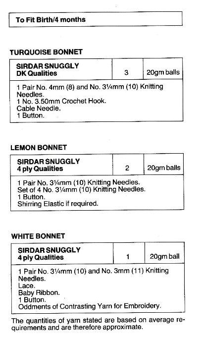 Baby Bonnets Vintage Knitting Pattern size 0-4m