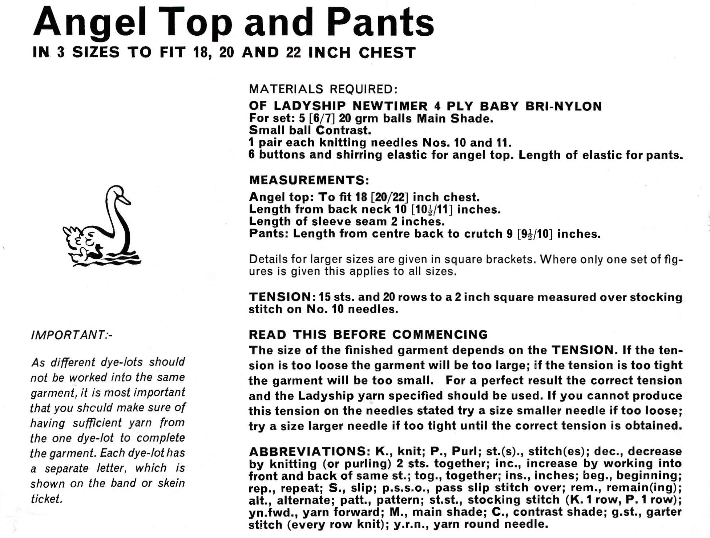 Angel Top and Pants Set for Baby 18-22 inch chest Vintage Knitting Pattern