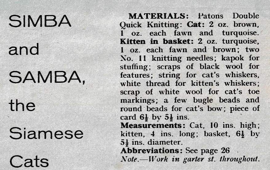 Simba and Samba Siamese Cat and Kitten Toy Vintage Knitting Pattern