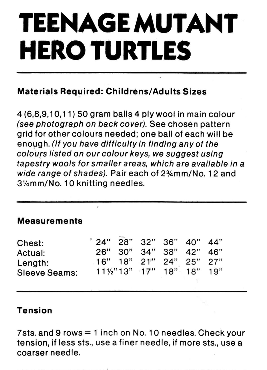 Teenage Mutant Ninja Turtles Intarsia Picture Sweaters Knitting Pattern