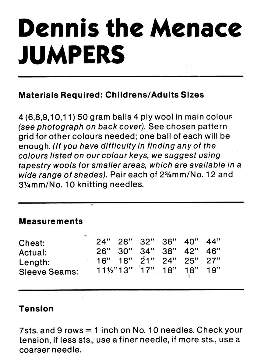 Dennis the Menace Intarsia Picture Sweaters Knitting Pattern
