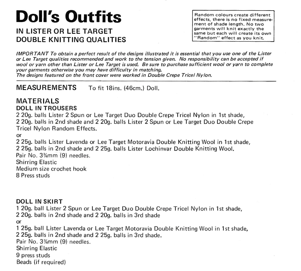 Lister Lee Dolls K588 18 Inch Dolls Clothes Knitting Pattern