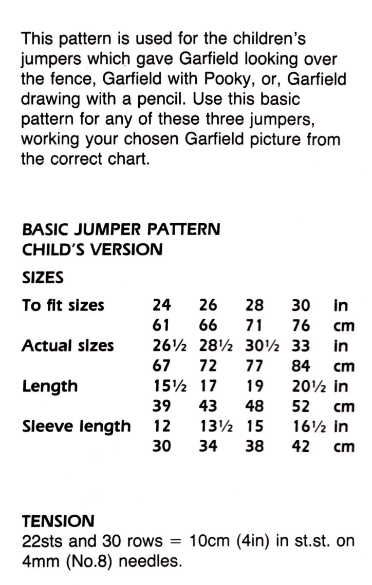 Garfield Intarsia Picture Sweater Knitting Pattern x 3
