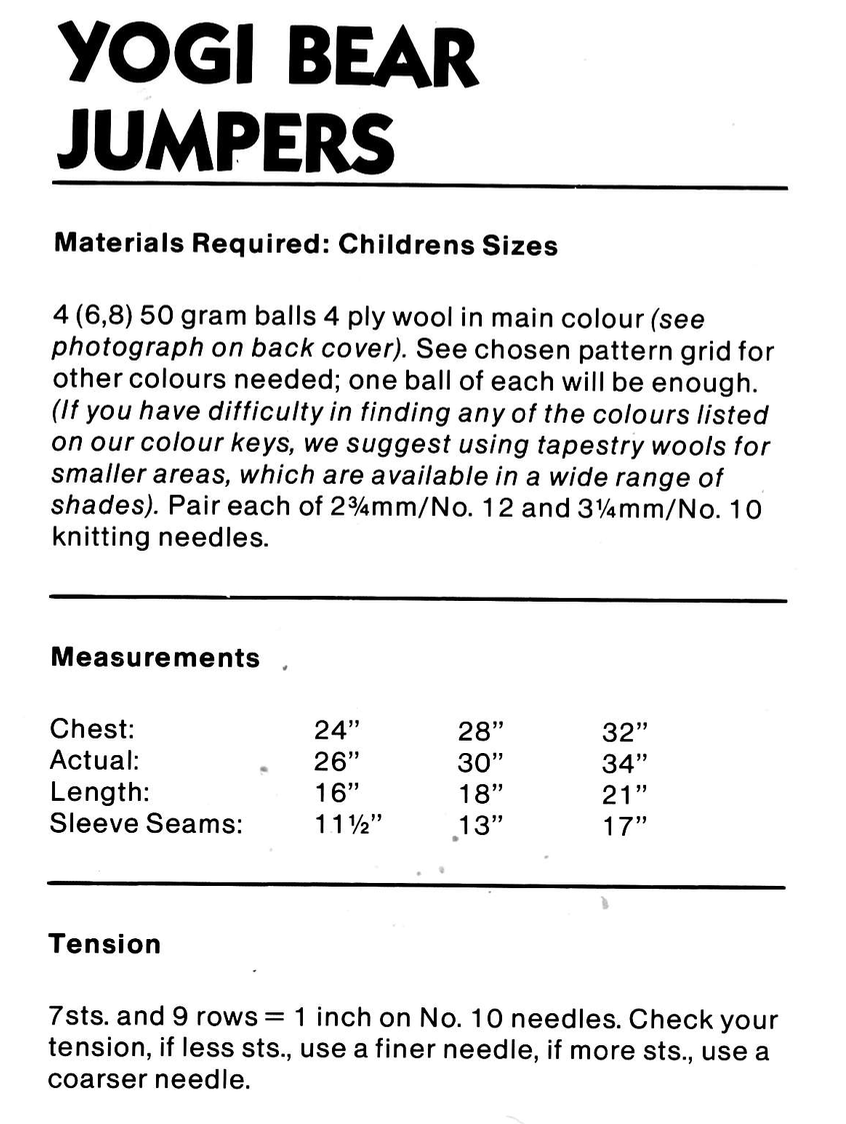 Yogi Bear Intarsia Picture Sweaters Knitting Pattern
