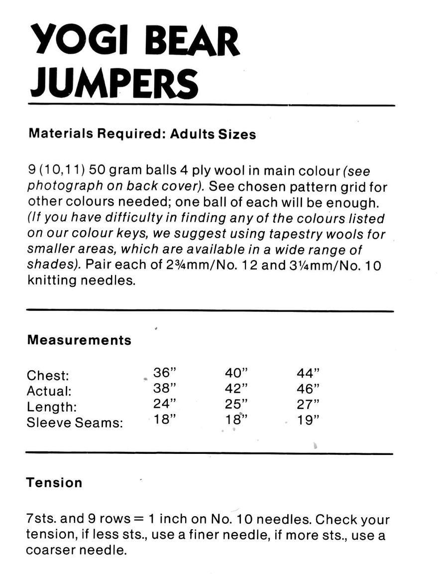 Yogi Bear Intarsia Picture Sweaters Knitting Pattern