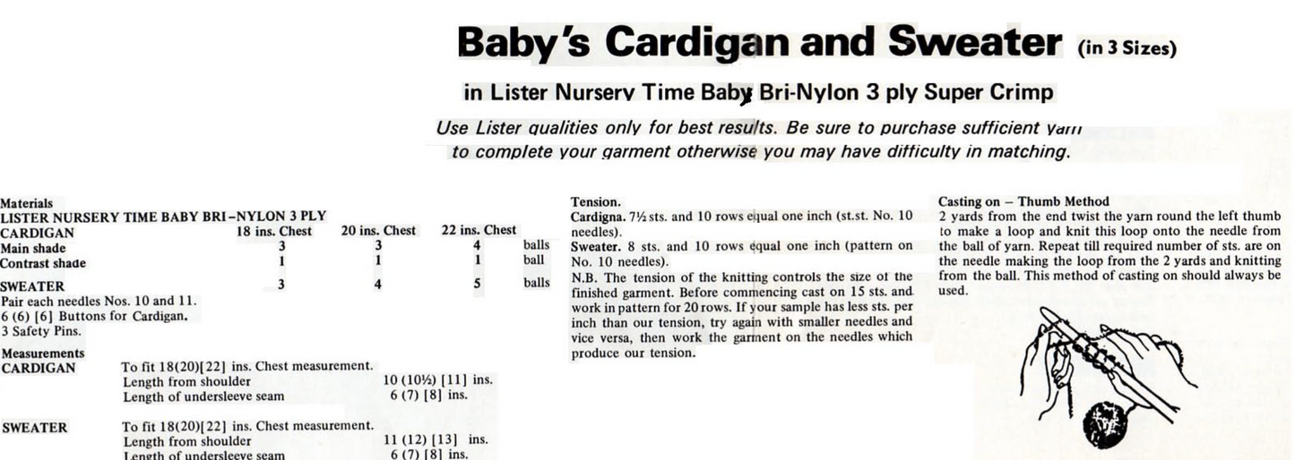 Vintage 3 Ply Baby Cardigan and Sweater Set Knitting Pattern