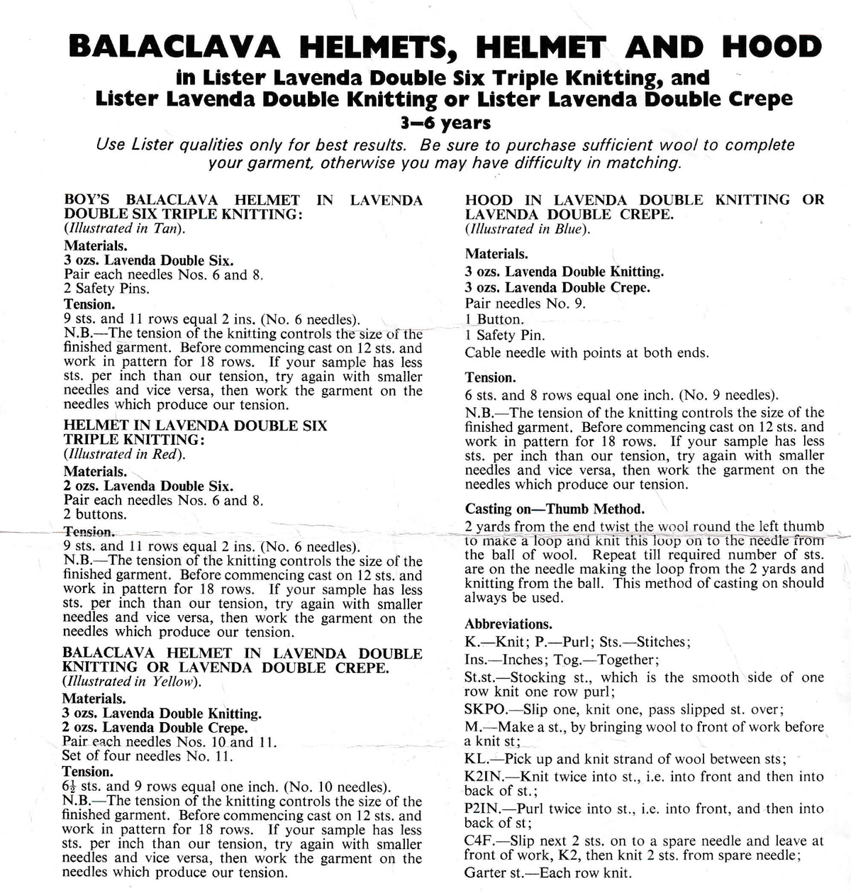 Vintage Knitting Pattern for Children's Balaclavas