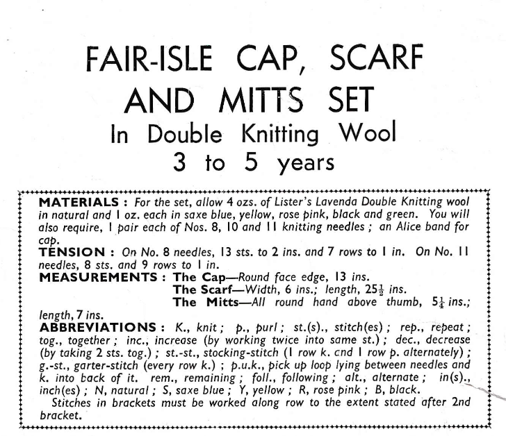 Fair Isle Scarf, Cap and Mittens for Children age 3 to 5 Vintage Knitting Pattern