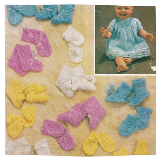 Baby Boutique Knitting Pattern - booties, dress and mittens set