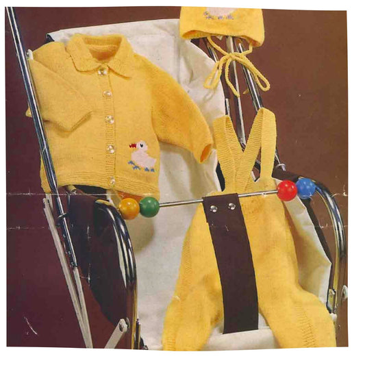 4 Ply Baby Cardigan and Dungarees Set with Duck Motif