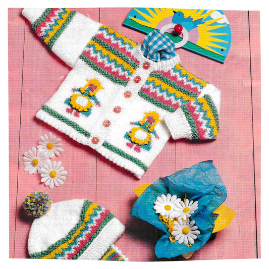 Baby Girl Fair Isle Cardigan and Hat Knitting Pattern PDF – 16 to 22 Inch Chest