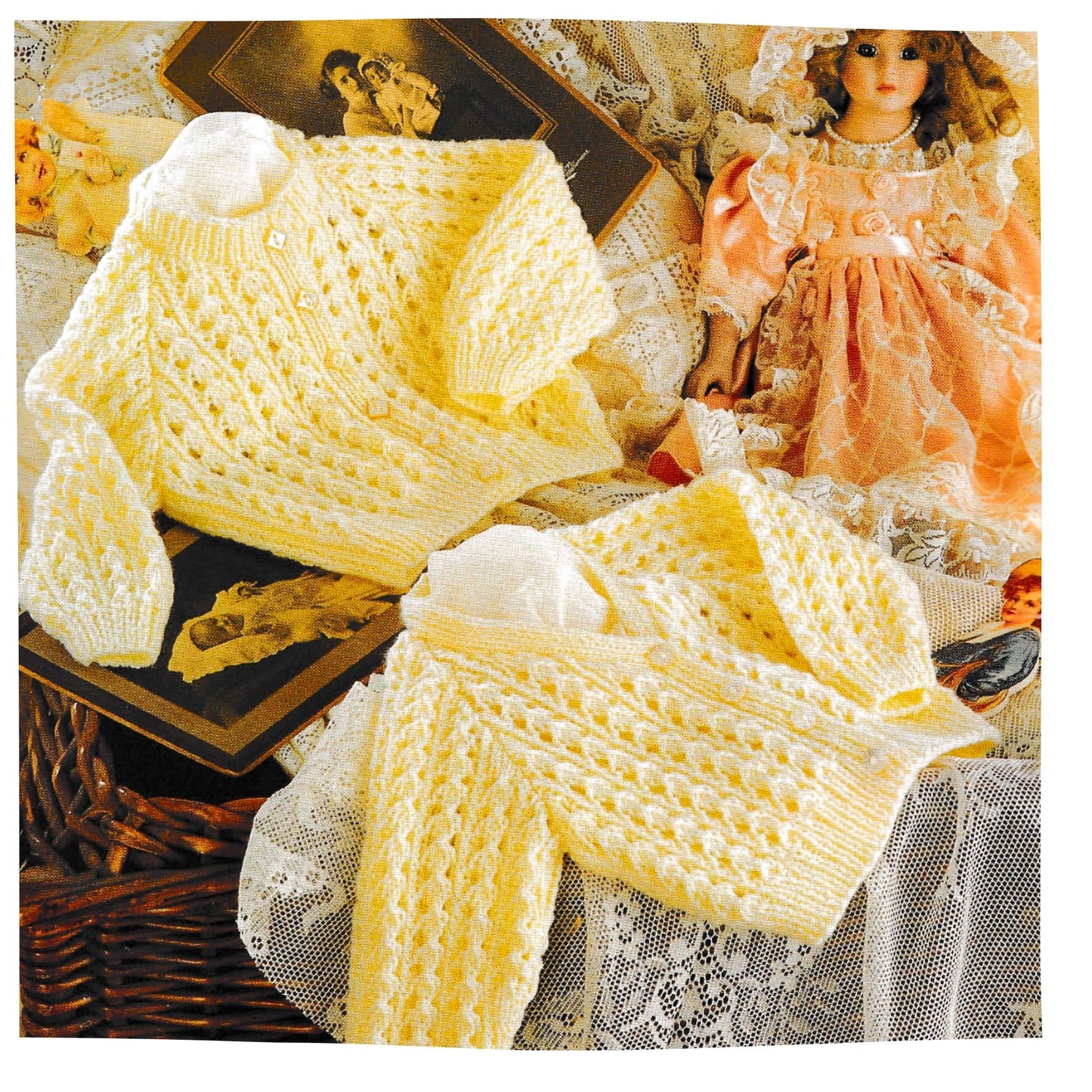 Baby Cardigan Vintage Knitting Pattern - v and round neck lace design