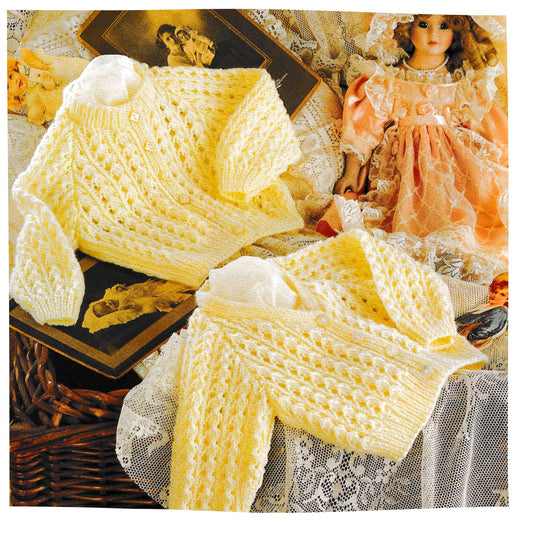 Baby Cardigan Vintage Knitting Pattern - v and round neck lace design