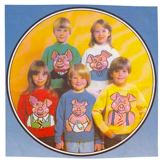 Vintage Knitting Pattern for Natwest Pigs Intarsia Chart Sweaters